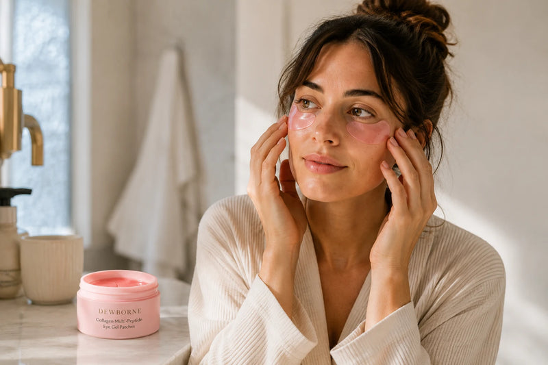 Woman wearing Dewborne under eye patches during her morning skincare routine