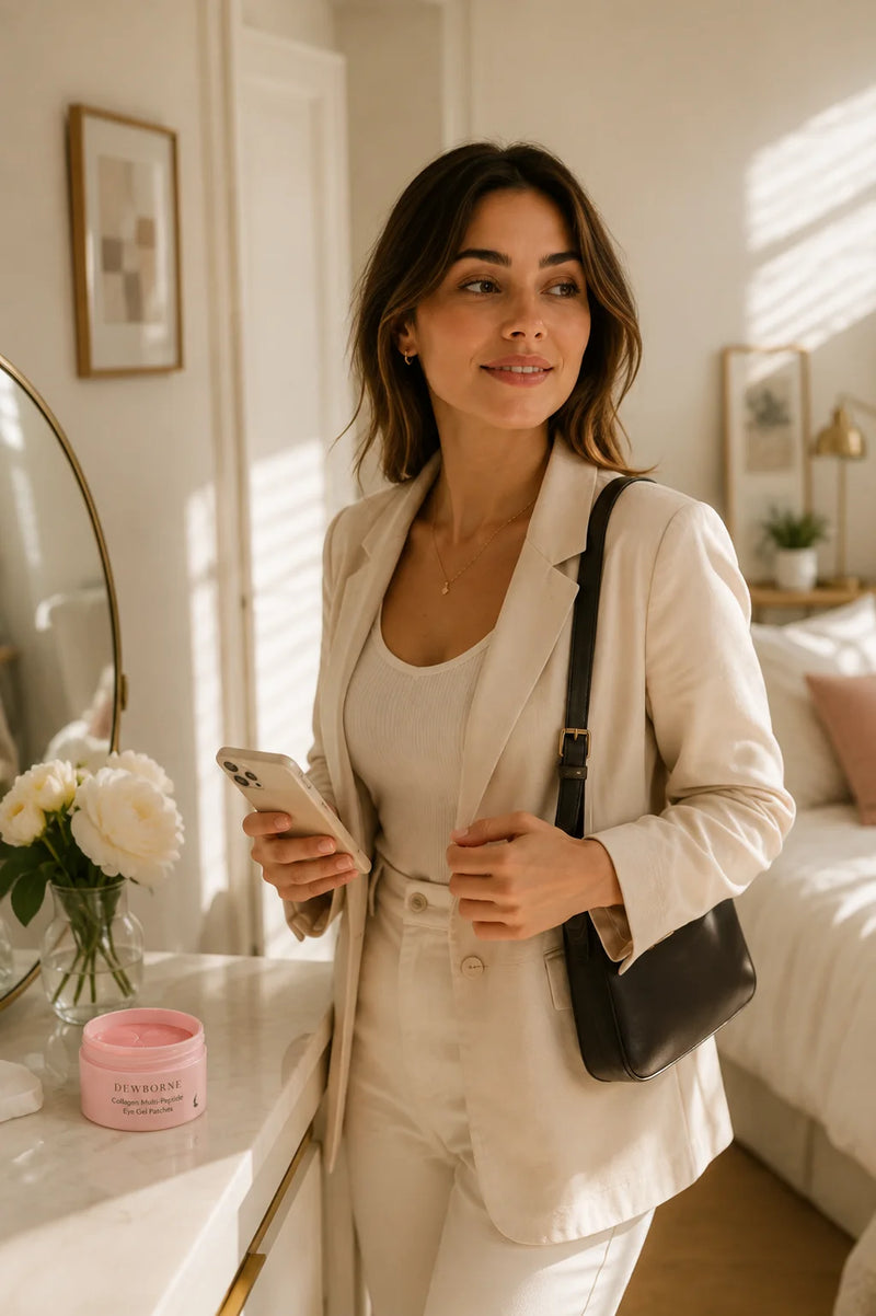 Woman ready for the day after her morning skincare routine