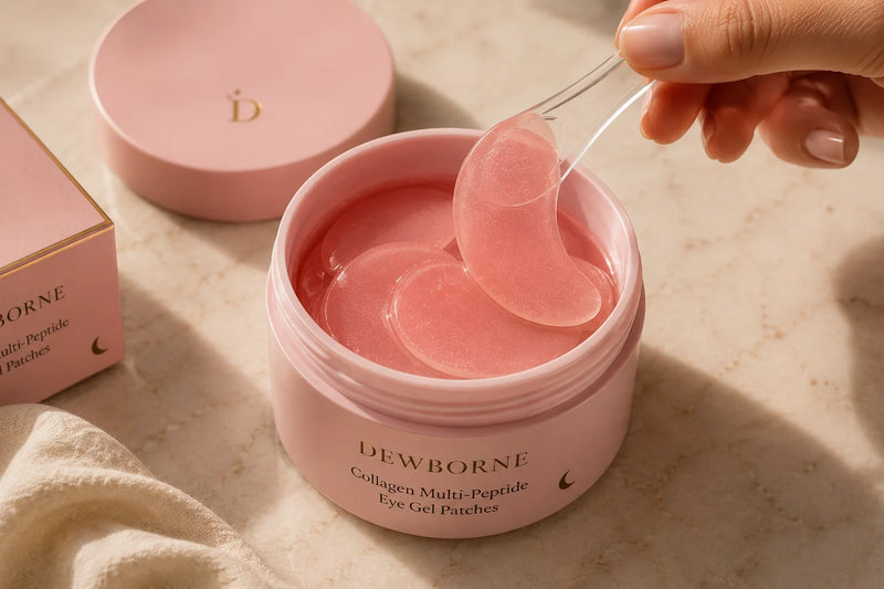 Close-up of Dewborne hydrogel eye patches in an open pink jar