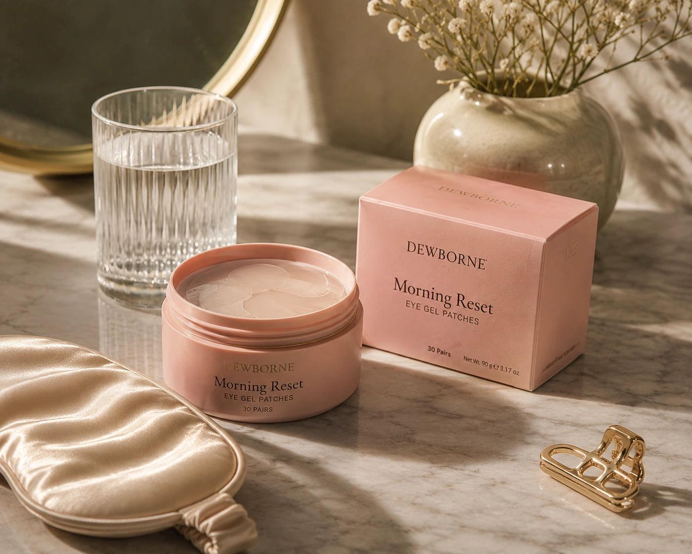 Dewborne Morning Reset eye patches in a morning skincare setting